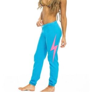 Aviator Nation Lightning Bolt Pink Stitch Sweat Pants in Neon Blue Medium